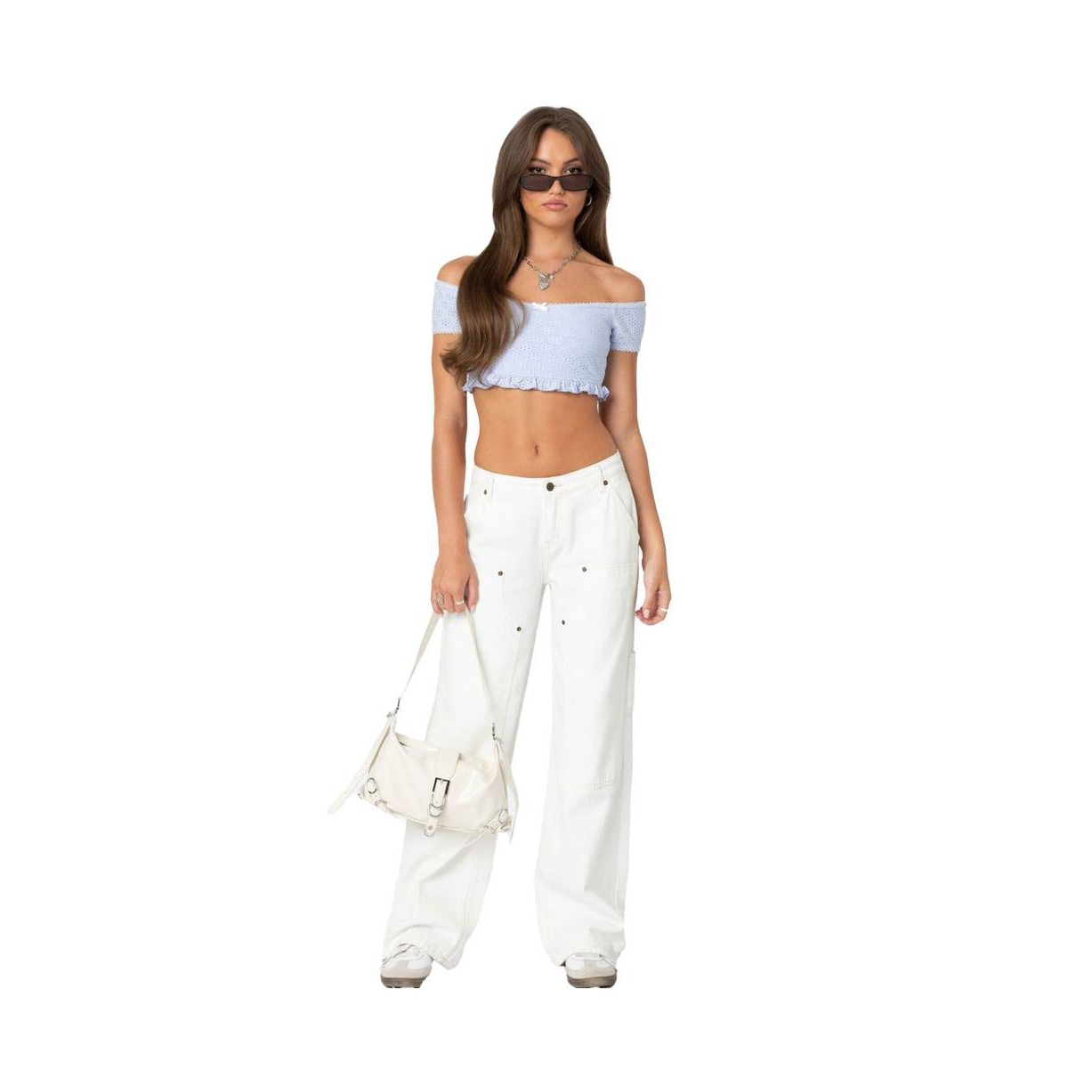 Edikted Women's Off Shoulder Eyelet Crop Top - Light-blue