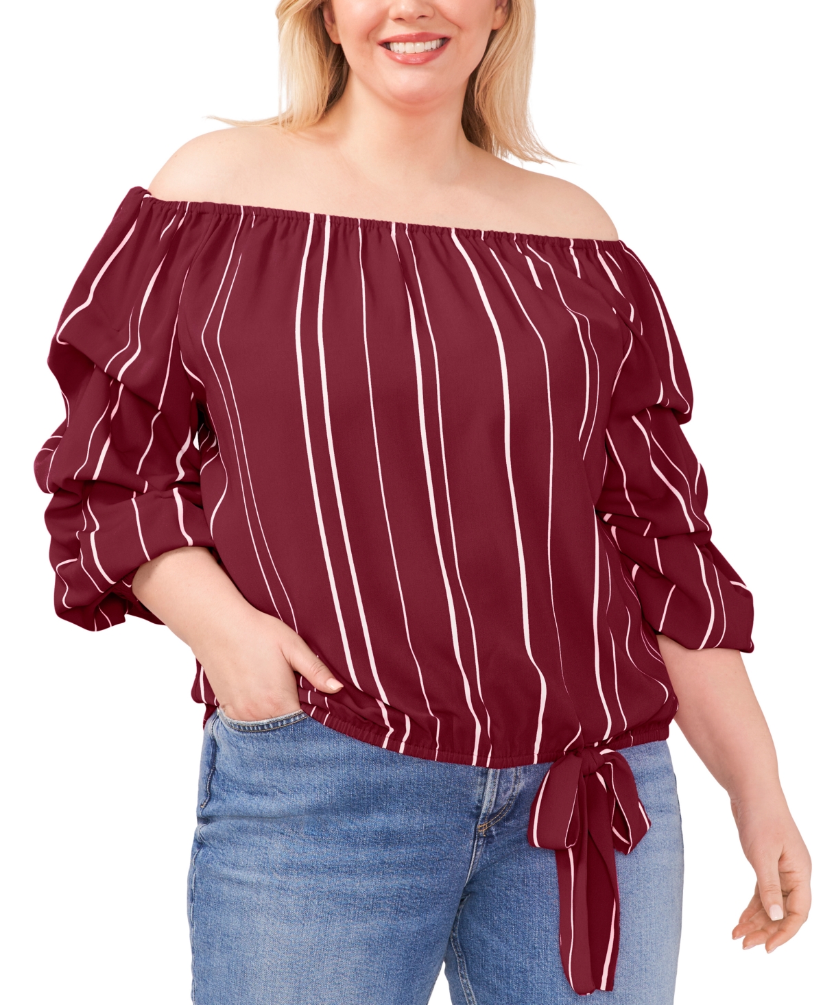 VINCE CAMUTO PLUS SIZE STRIPED OFF THE SHOULDER BUBBLE SLEEVE TIE FRONT BLOUSE 