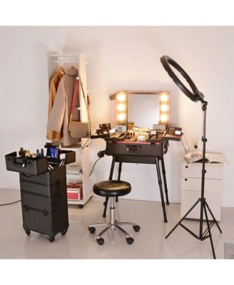 Rolling Makeup Case with Bulb Mirror Adjustable Leg Detachable Wheel
