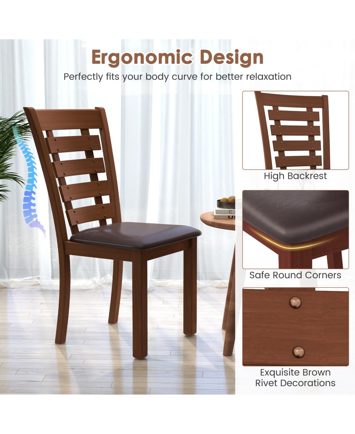 Sugift Wooden Dining Chairs Set of 2 with Upholstered Seat and Rubber Wood Frame-Brown