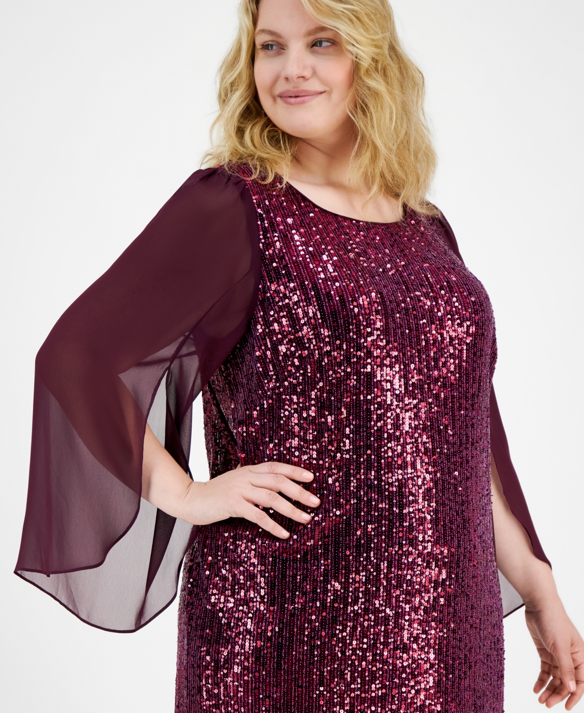 Connected Plus Size Sequined Cape-Sleeve Dress