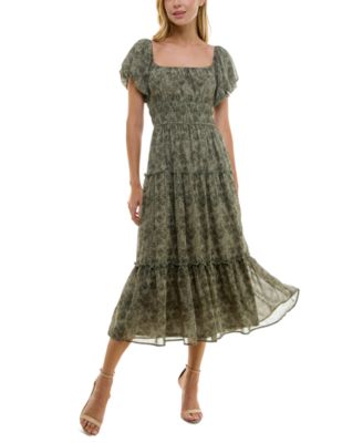 Juniors' Printed Square-Neck Short-Sleeve Tiered Dress