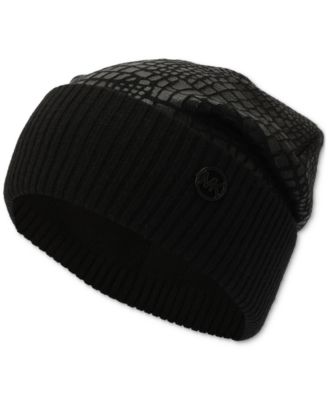 MICHAEL Logo Charm Ribbed Trim Croc-Embossed Beanie 