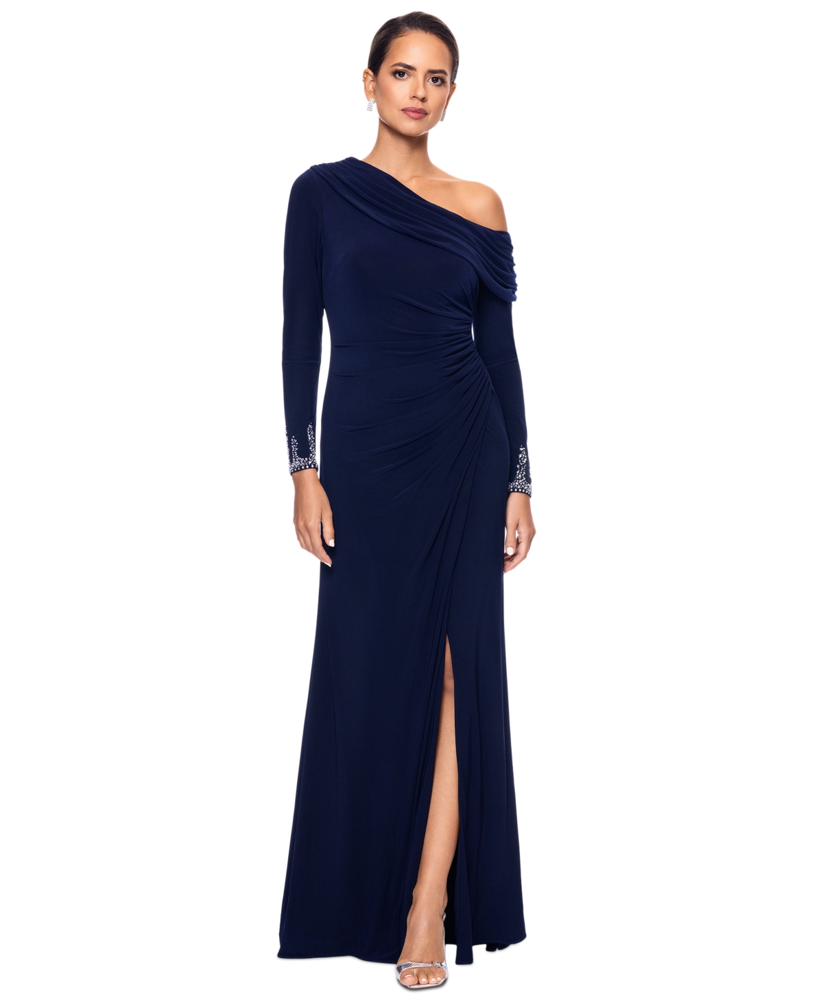 Betsy & Adam Women's Off-one-shoulder Beaded-cuff Gown In Navy,silver