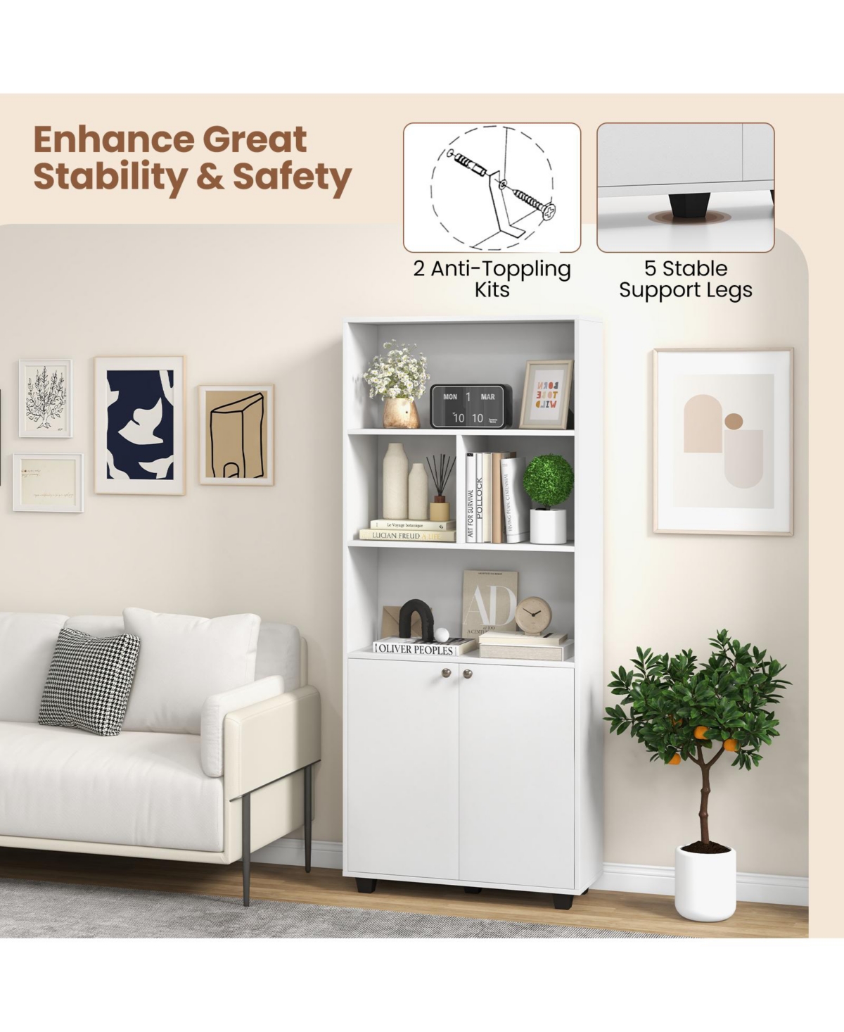 Sugift Tall Double-Door Bookcase with Adjustable Shelf and Storage Cubes- White