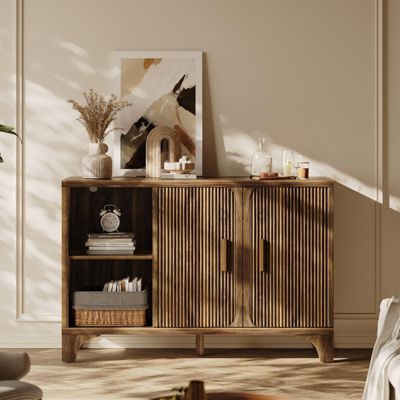 47" 2-Door Mid Century Modern Buffet Cabinet with Storage, Accent Sideboard and Credenza with Fluted Doors