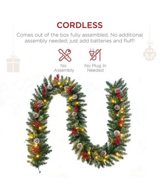 9ft Christmas Garland Battery Operated Waterproof 50 Light 220 Branches Pine Cones and Berries