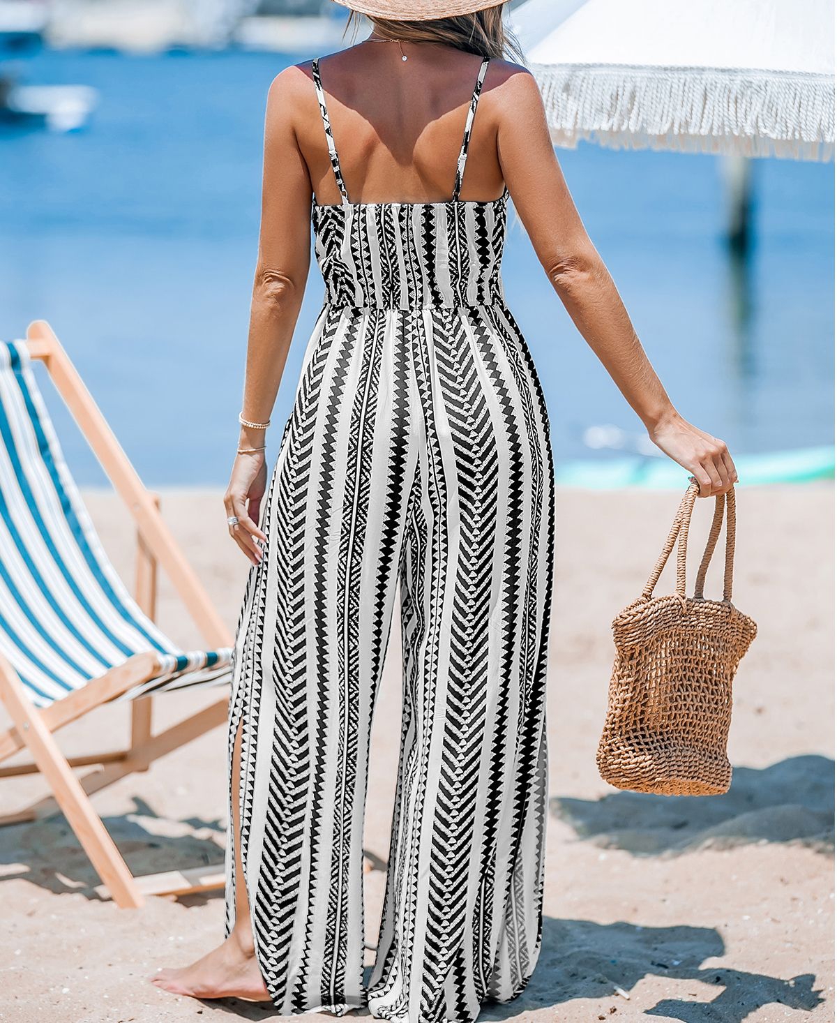 Cupshe Women's Geo Striped Surplice Sleeveless Straight Leg Jumpsuit