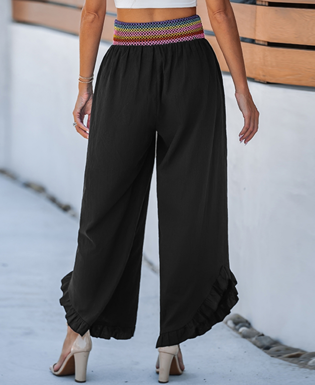 Cupshe Women'sRainbow Waist Asymmetrical Ruffle Pants - Black