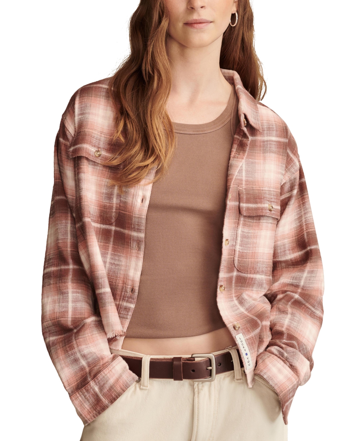 Shop Lucky Brand Women's Cotton Raw Edge Plaid Cropped Button Down Top In Peach Brown Plaid