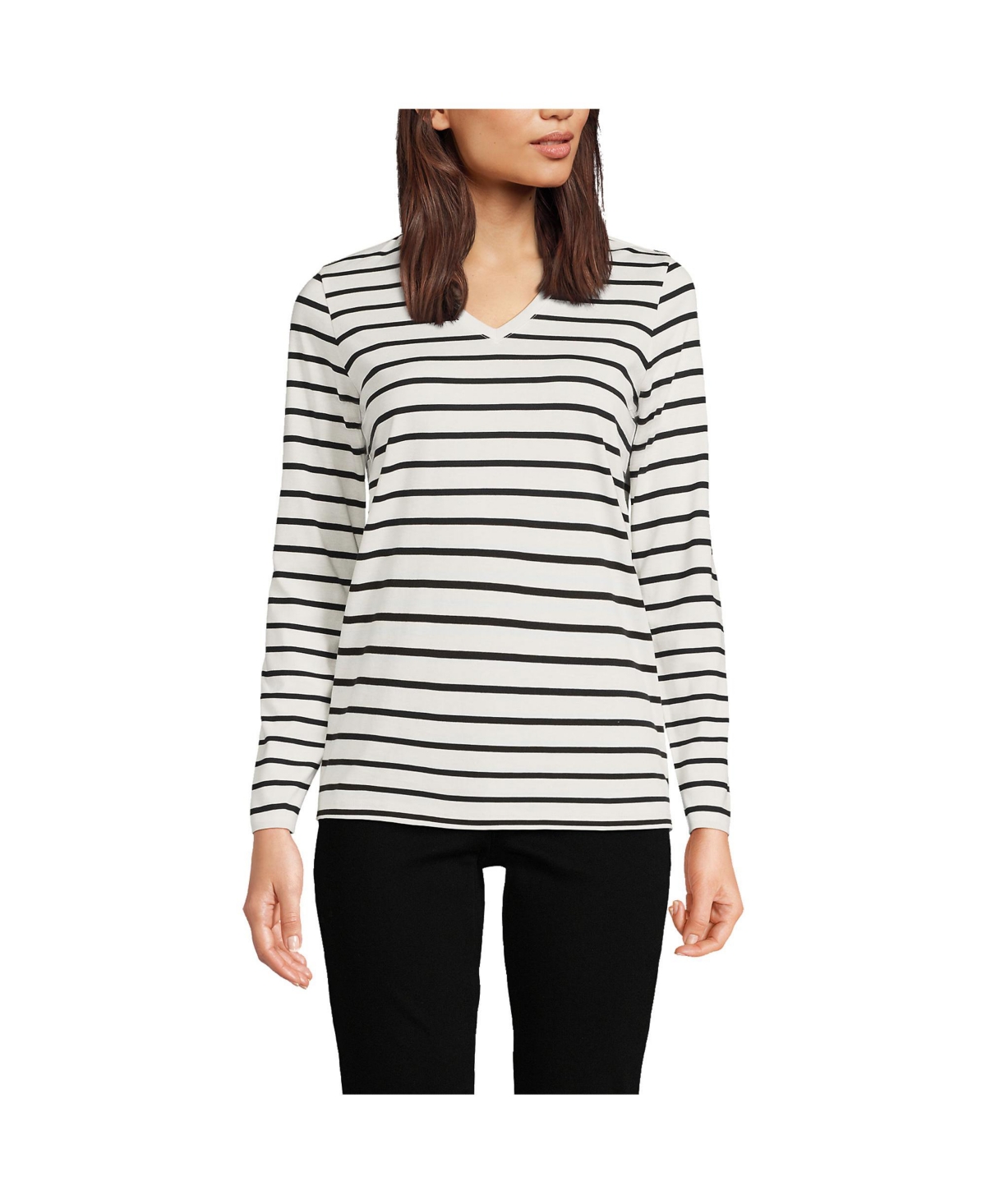 Petite Relaxed Supima Cotton Long Sleeve V-Neck T-Shirt - Ivory/black breton stripe