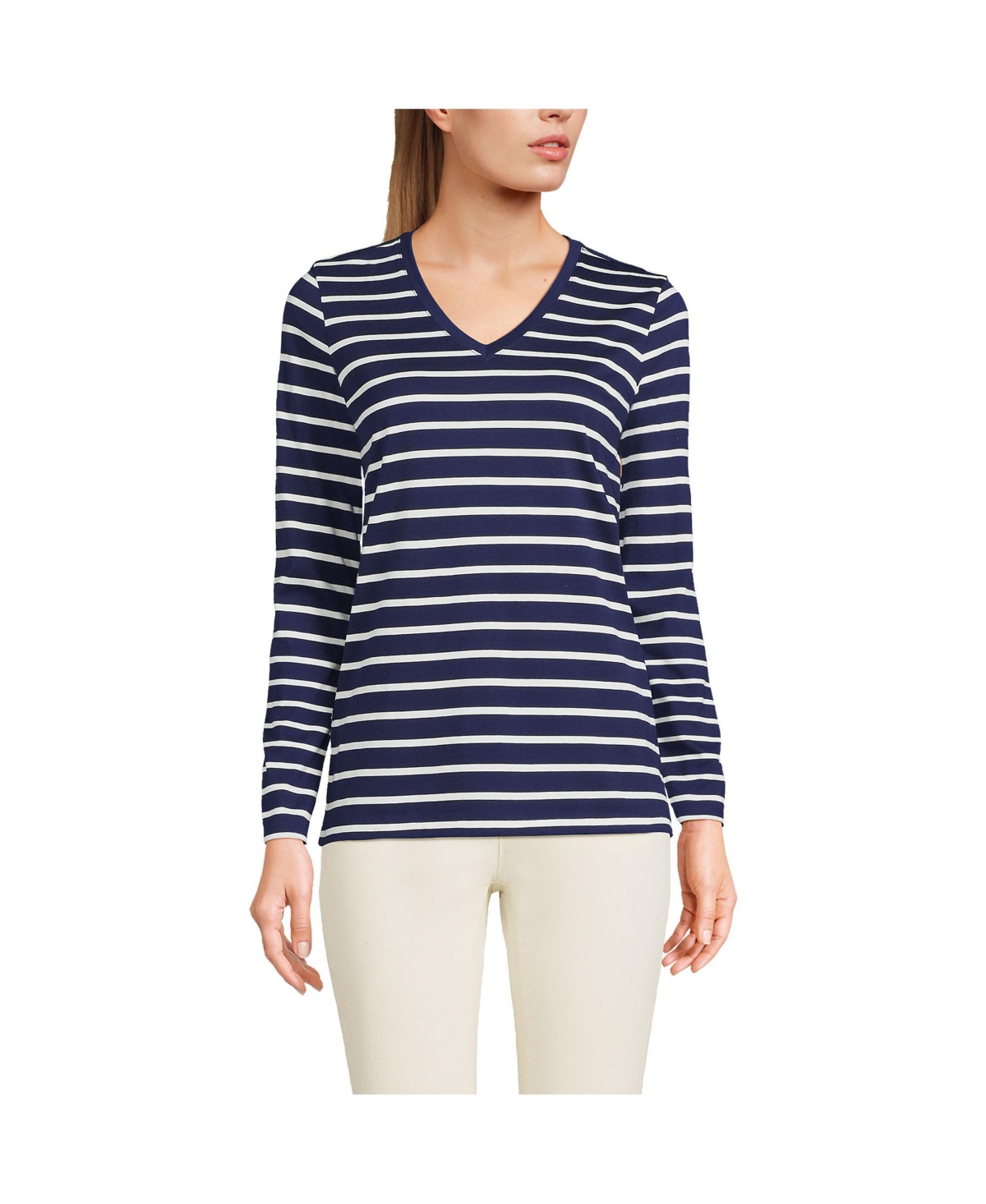 Petite Relaxed Supima Cotton Long Sleeve V-Neck T-Shirt - Ivory/black breton stripe