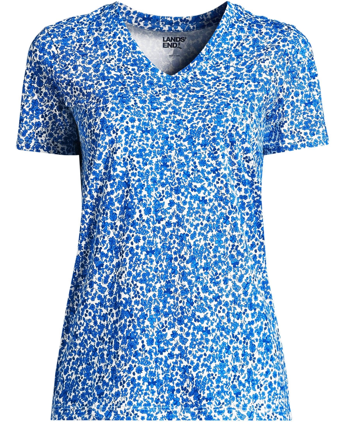 Lands' End Plus Size Relaxed Supima Cotton V-Neck T-Shirt -vista blue flowers