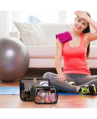 Set of 2 Clear Makeup Bag Cosmetic Organizer Travel Toiletry Pouch Handle Zipper for Makeup Artist Pink