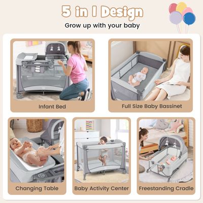 5 in 1 Portable Baby Playard Nursery Center with Cradle & Storage Basket