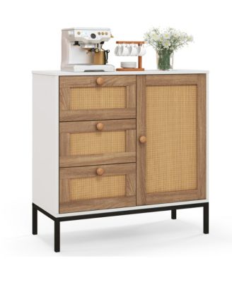 Set of 2 Rattan Sideboard Buffet Cabinet Accent Cabinet w/ 1 Door & 3 Drawers