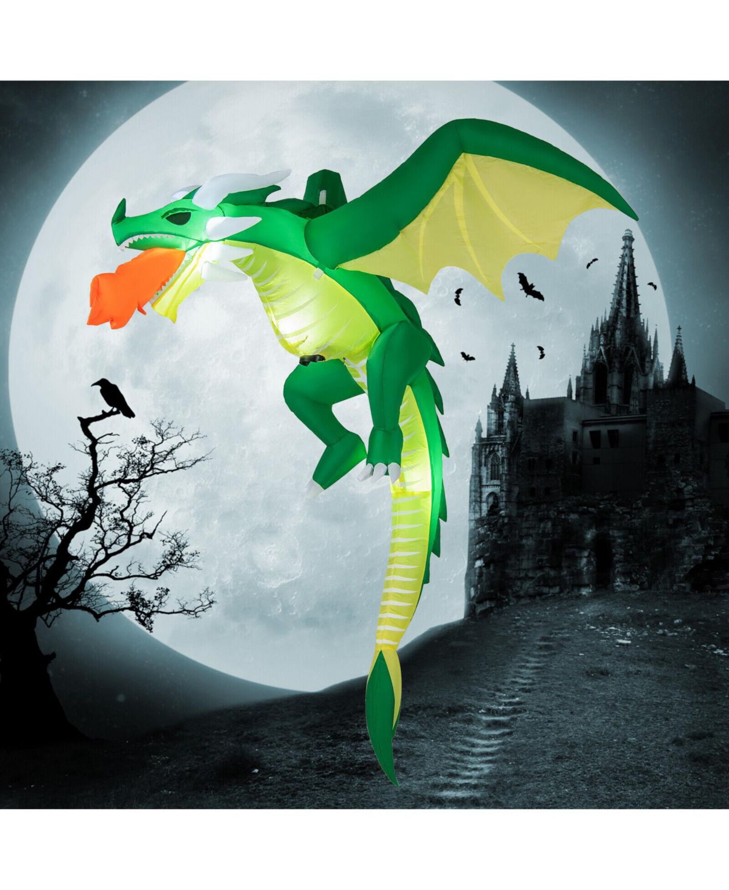 Детская игрушка VEBREDA 5 Feet Hanging Halloween Inflatable Dragon with Waterproof Polyester Fabric, Stakes and Ropes for Yard, цвет: Зелёный — фото 3
