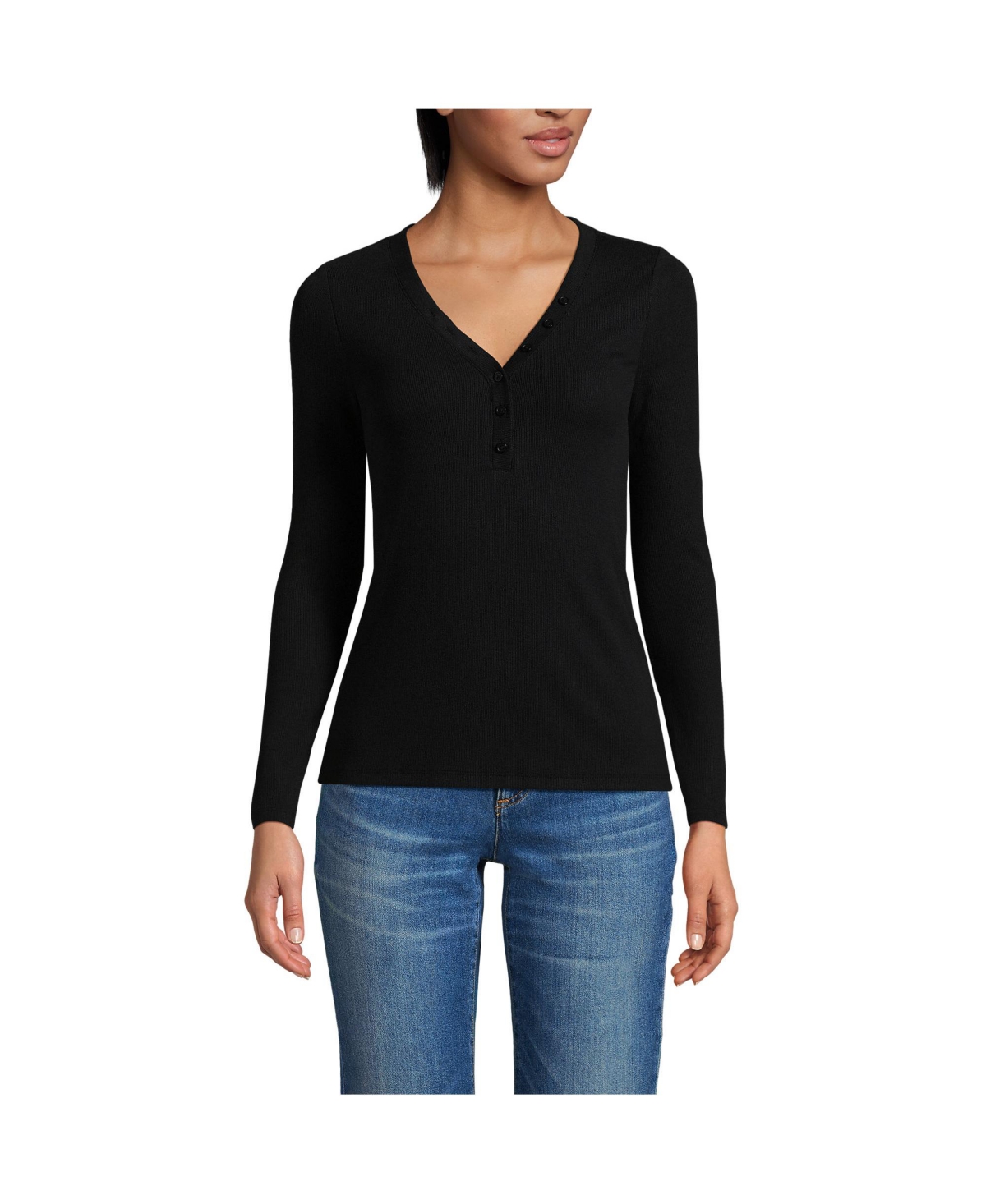 Petite Drapey Rib Skimming Long Sleeve Henley T-Shirt - Black