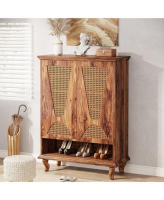 Rattan Shoe Cabinet for Entryway, 5-Tier Large Hidden Shoe Organizer Cabinet with Ventilated Doors, Modern Freestanding 25-Pair Shoe Rack