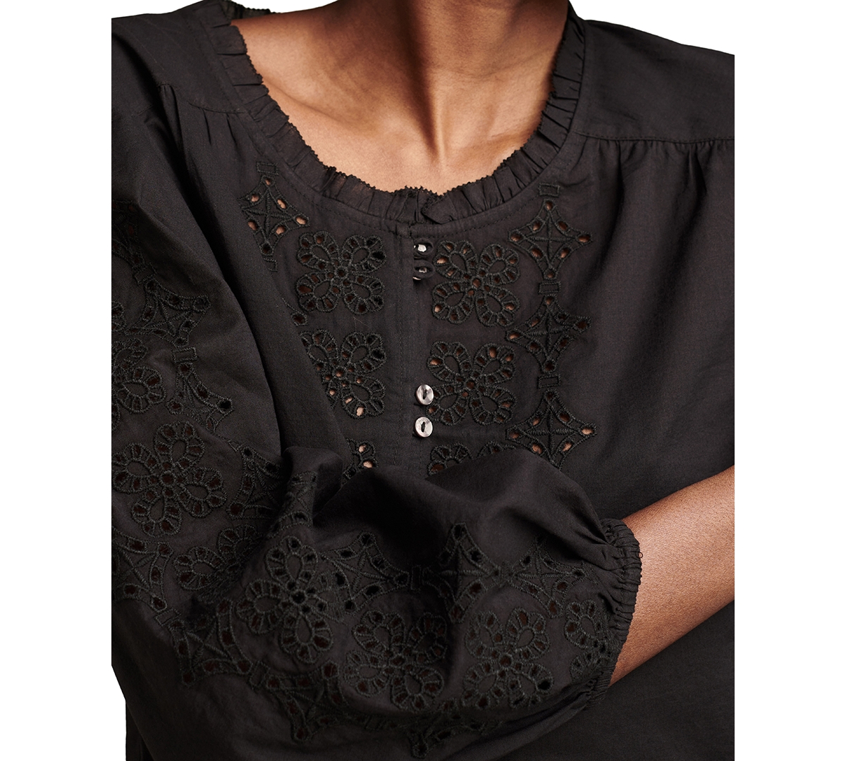 Lucky Brand Women's Cotton Eyelet-Embroidered 3/4-Sleeve Top