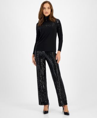 Womens Sequin Shoulder Turtleneck Top Sequin Pull On Pants