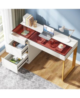 Computer Desk with 4 Drawers, 47 Inch Modern Home Office Desk with Glass Top, White and Gold Writing Workstation Desk with Storage, Makeup Vanity Table for Living Room, Bedroom