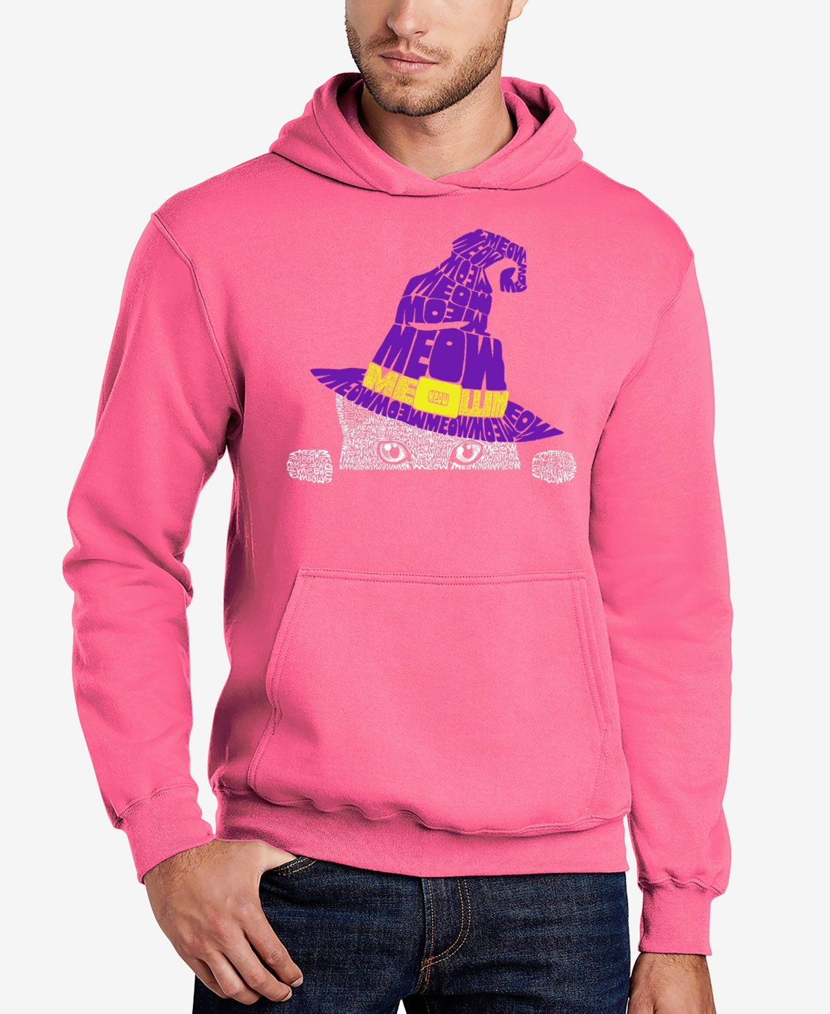La Pop Art Men's Peeking Witch Cat Word Art Hooded Sweatshirt