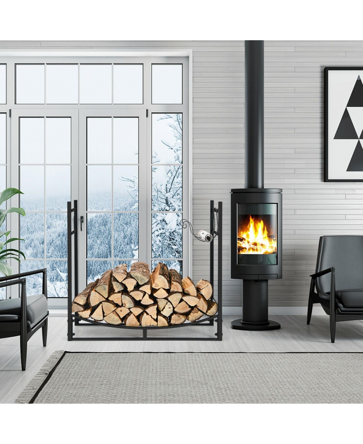 Givimo 33 Inch Firewood Rack with Removable Kindling Holder Steel Fireplace Wood