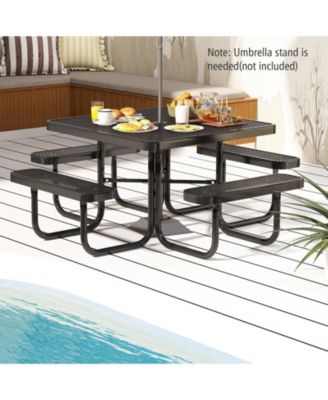 Square Picnic Table and Bench for 8 Person with Seats and Umbrella Hole-Black