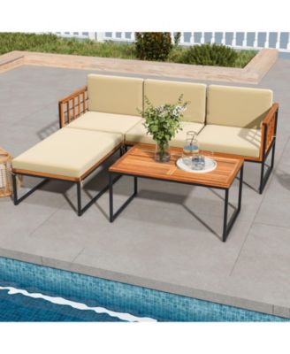 5 Pieces Patio Furniture Set Acacia Wood Sectional Set with Heavy-Duty Metal Frame-Beige