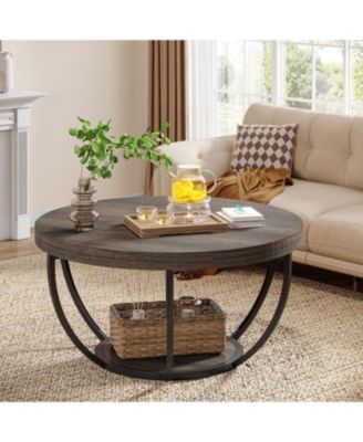 Round Coffee Table, Industrial 2-Tier Circle Coffee Table with Storage Shelves for Living Room, Home Office