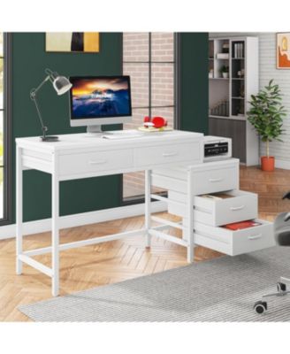 Computer Desk with 5 Drawers, Home Office Desks with Reversible Drawer Cabinet Printer Stand, Rustic Study Writing Table Workstation