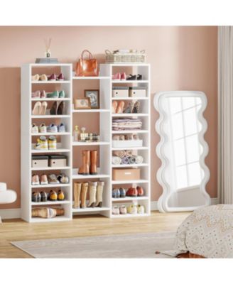 14-Tier Shoe Rack, Freestanding Shoe Shelf, White Wooden Shoe Storage Cabinet with 22 Open Cubbies, 46 Pairs Wide Entryway Shoe Organizer