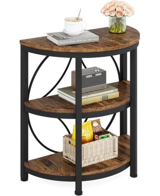 Half Round End Table, 3-Tier Narrow Side Table with Metal Frame, Half Circle Table, Half Moon Small Coffee Accent Table Bedside Table for Living Room, Bedroom, Rustic Brown (1PCS)