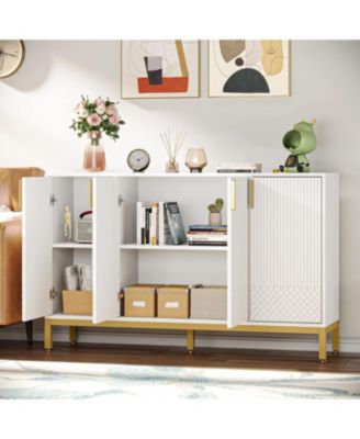 Modern Storage Cabinet, 59 Inch Console Cabinet Sideboard Buffet Cabinet with 4 Doors & Gold Metal Base, Entryway Cupboard Furniture for Living Room, Dining Room