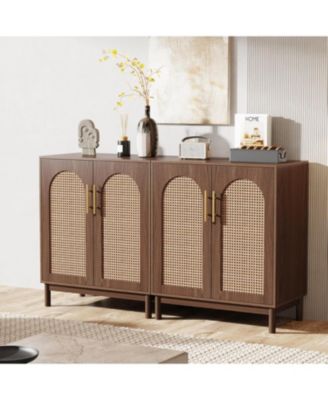 Set of 2 Rattan Sideboard Buffet Cabinet with Storage, 59 Inch Accent Cabinet with Doors, Storage Cabinet for Dining Room, Living Room, Kitchen, Ranttan and Brown