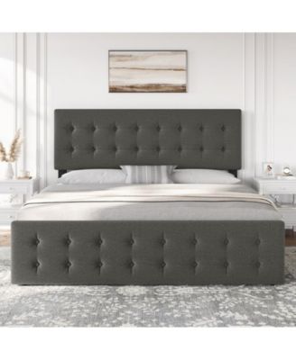 Queen Size Bed Frame with 4 Storage Drawers and Headboard, Velvet Upholstered Platform Bed Frame with Wooden Slats Support, Button Tufted Design, No Box Spring Needed, Blue