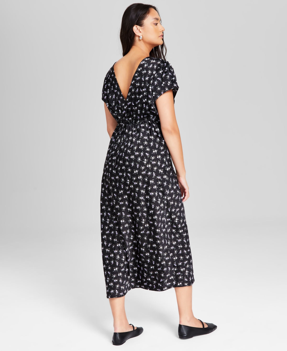 And Now This Women's Printed Satin V-Neck Midi Dress, Created for Macy's - Black  Lilac Floral