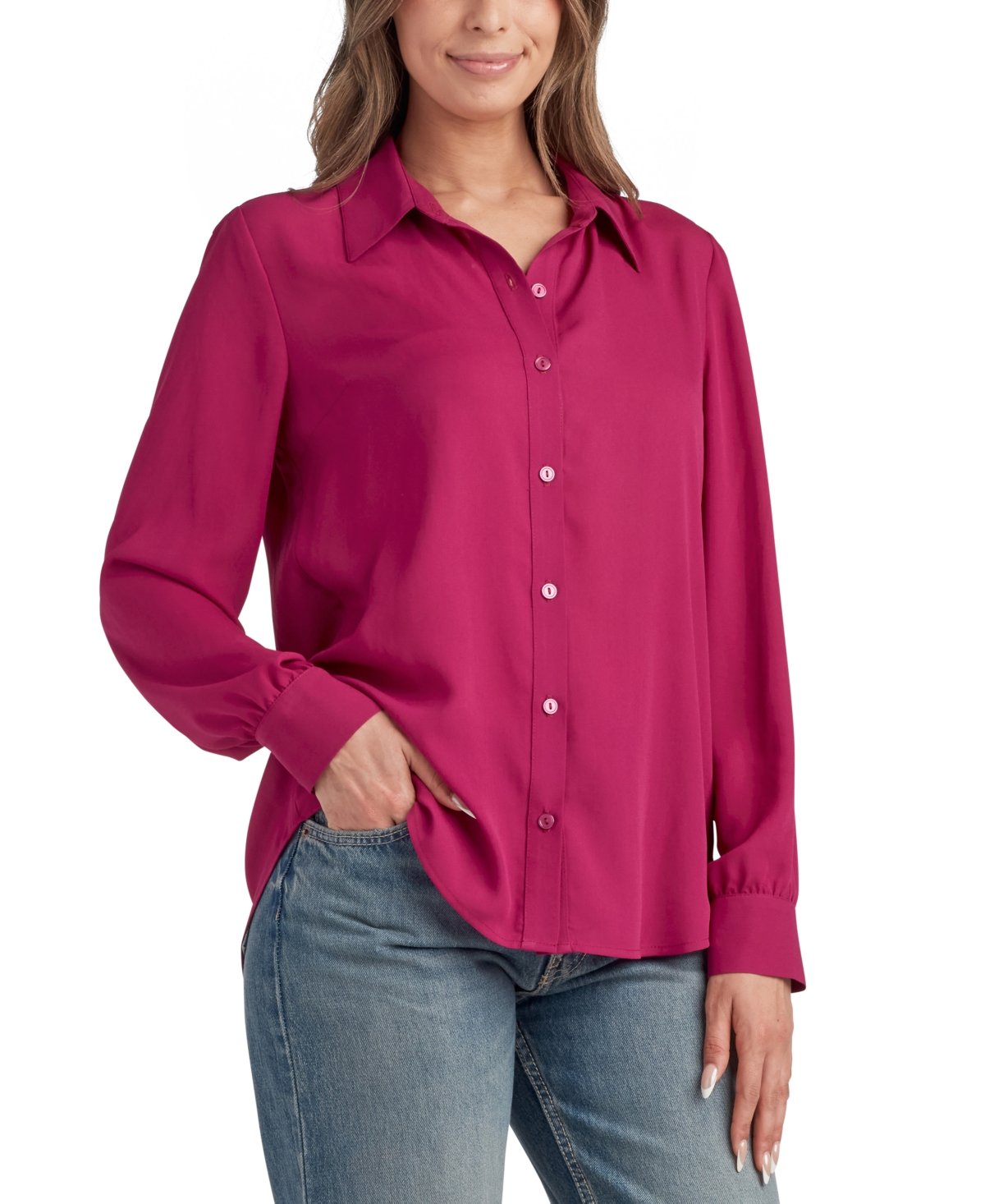 Bcx Juniors' Spread-collar Long-sleeve Button-front Top In Raspberry