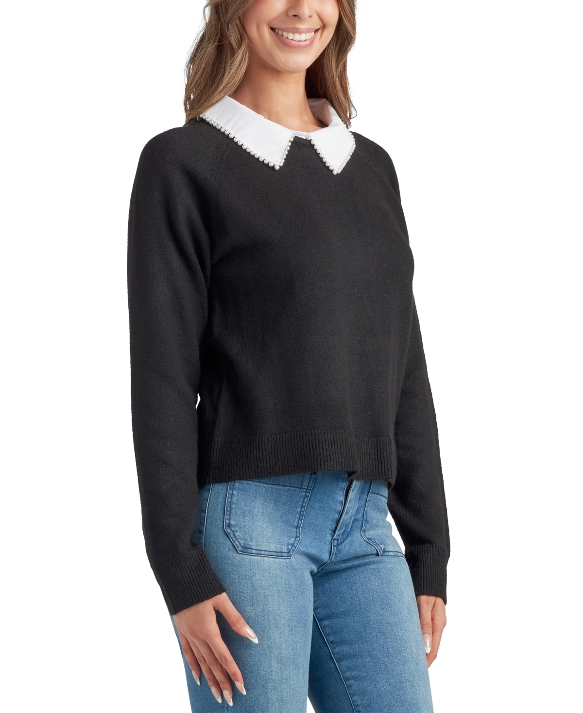 Bcx Juniors' Raglan-sleeve Contrast-collared Sweater In Black