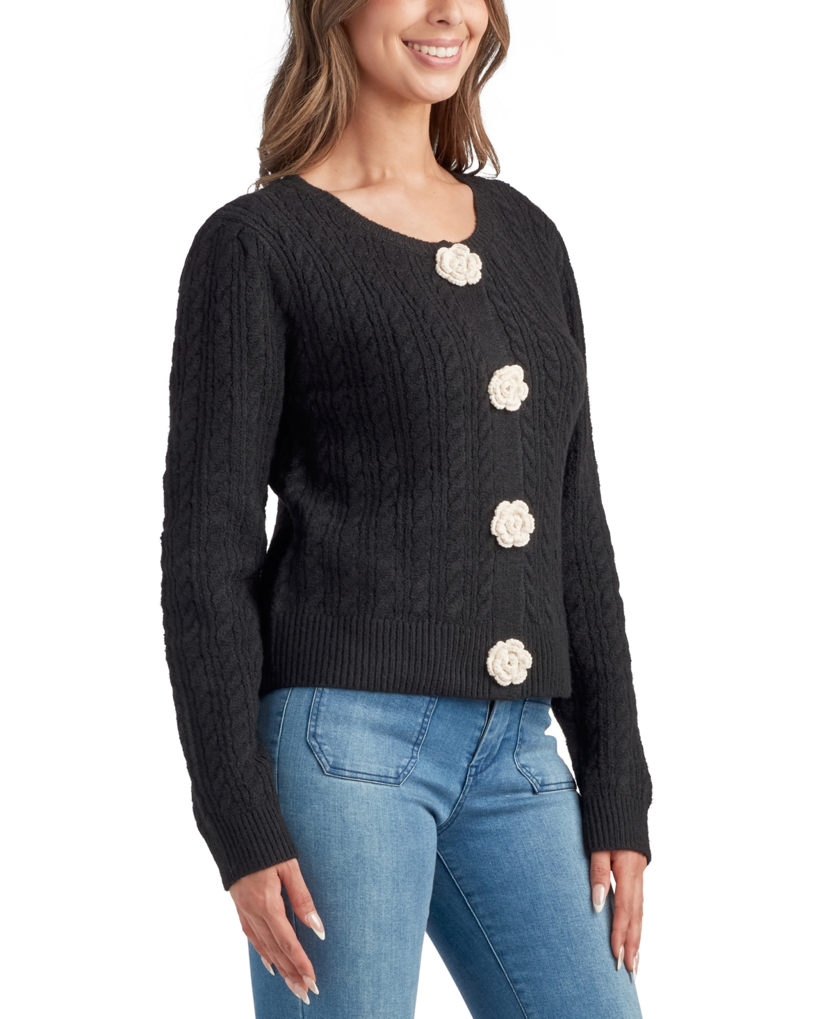 Bcx Juniors' Crewneck Crochet Rosette-Trim Cardigan