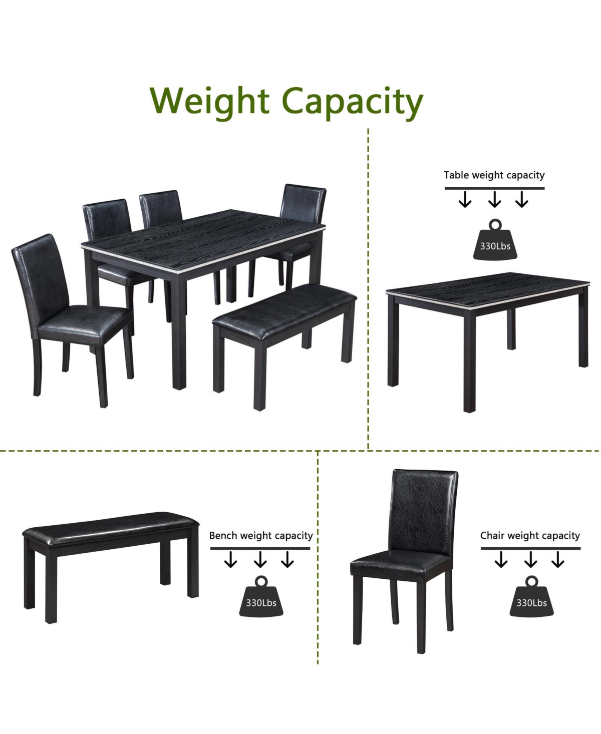 Streamdale Furniture ModernDining Table with Bench for 6 - Black
