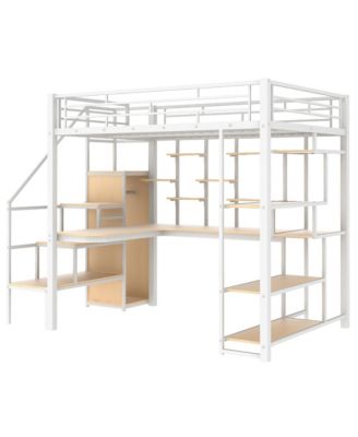  Metal Loft Bed with Staircase, Wardrobe, Desk, & Shelves