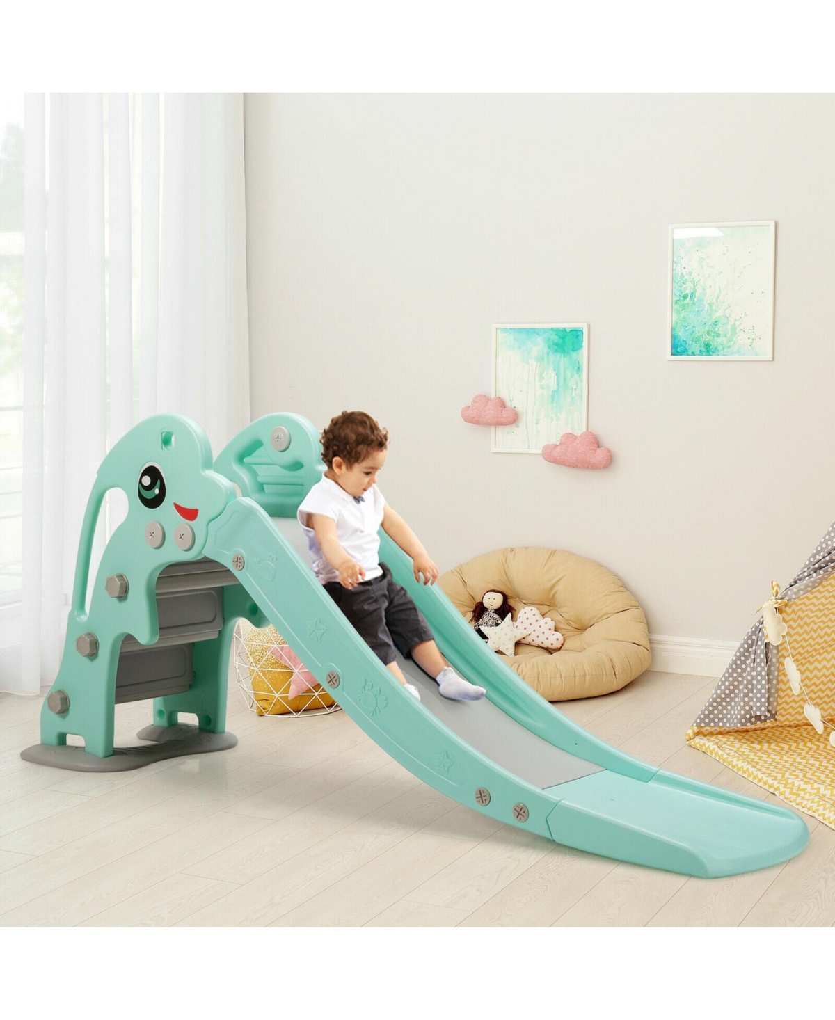 Sugift 3-in-1 Kids Climber Slide Play Set with Basketball Hoop and Ball