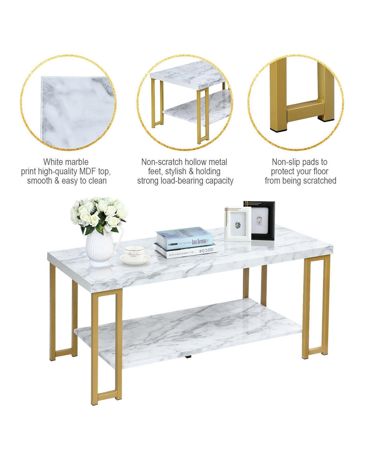 Sugift 2-Tier Rectangular Modern Coffee Table with Gold Print Metal Frame