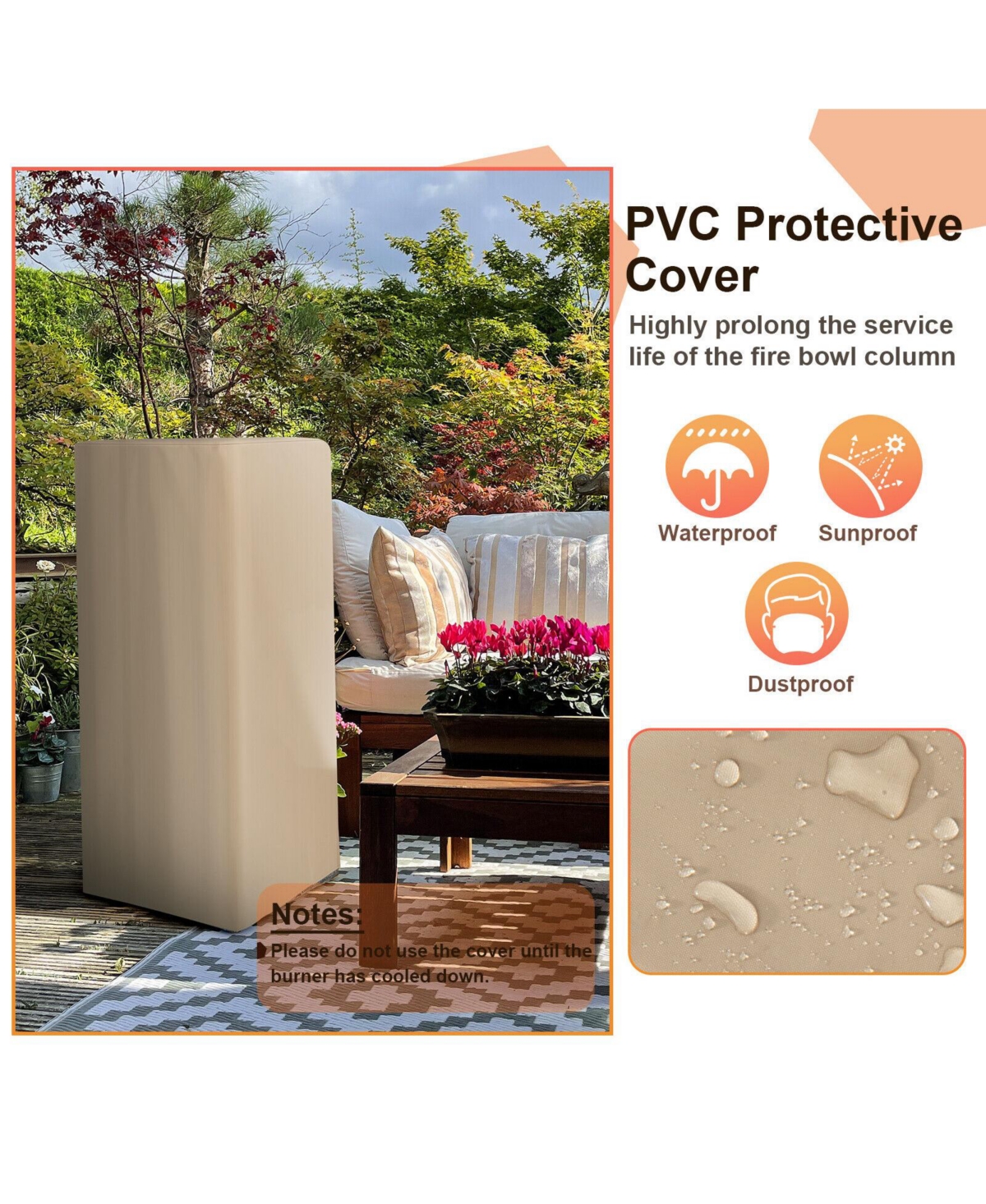 Inolait 48 Inch Propane Fire Bowl Column with Lava Rocks and Pvc Cover-Gray