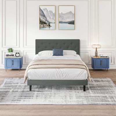 Twin Platform Bed with Button Tufted Headboard and Wood Slats