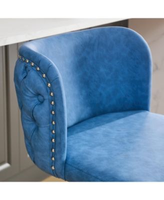 Set of 2 Adjustable Bar Stools with Chrome Base and Tufted Back, Blue