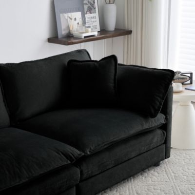 Black Chenille L-Shaped Sectional with Ottoman