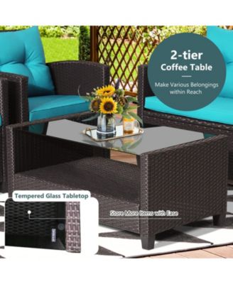 4 Pieces Patio Rattan Conversation Furniture Set with Glass Top Coffee Table